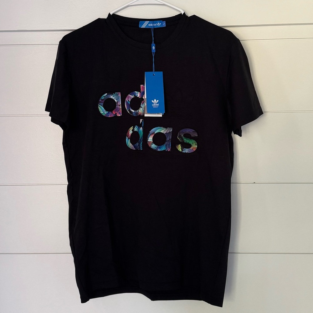Adidas Black Tee with Multicolor Logo, Women’s L